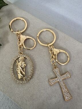 Set Of 2 Gold Keychain Purse Charm Pave Cross & St Jude